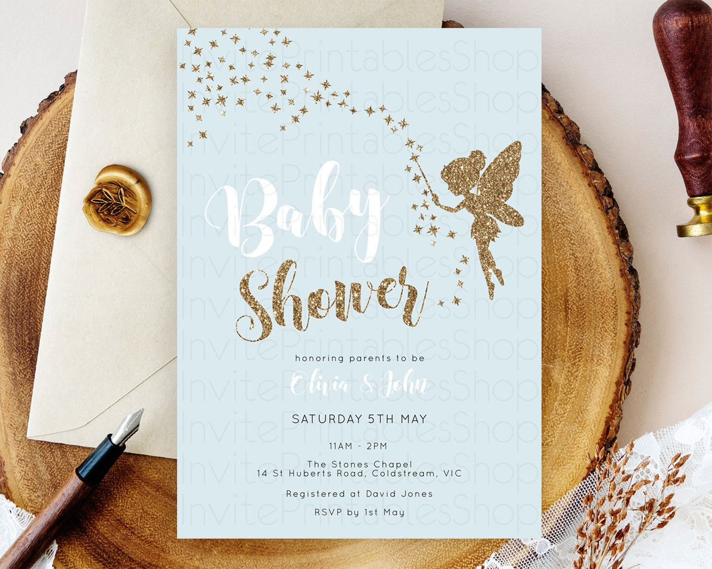 Fairy Baby Shower Invitation, Enchanted Garden, Secret Garden, Pastel Blue, Glittering Magic, Pixie Dust, Whimsical Fairy, Butterfly D10907