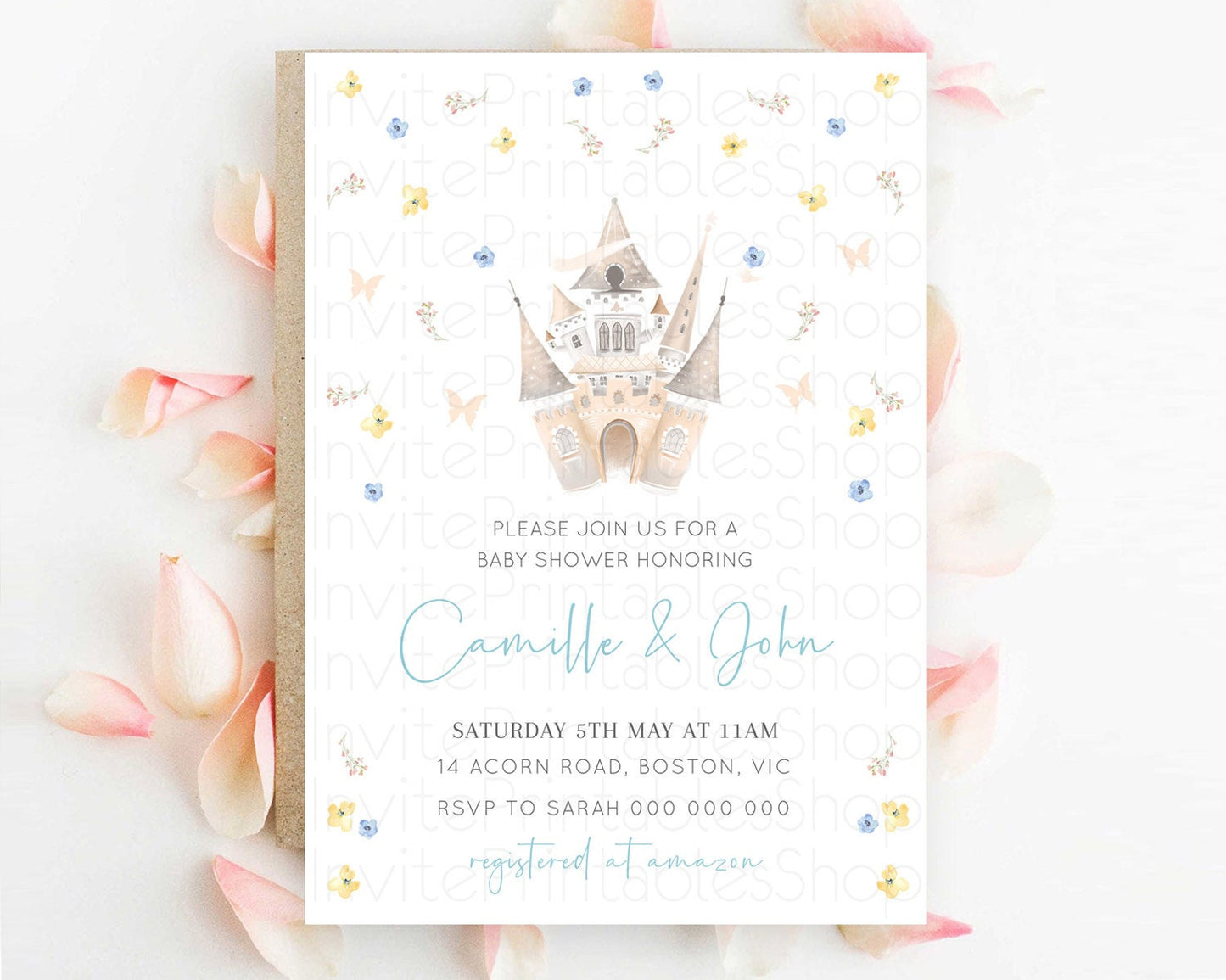 Enchanted Castle Baby Shower Invitation: Secret Garden, Blue Yellow Flowers, Floral Garden, Royal Baby, Prince and Princess Theme D10365