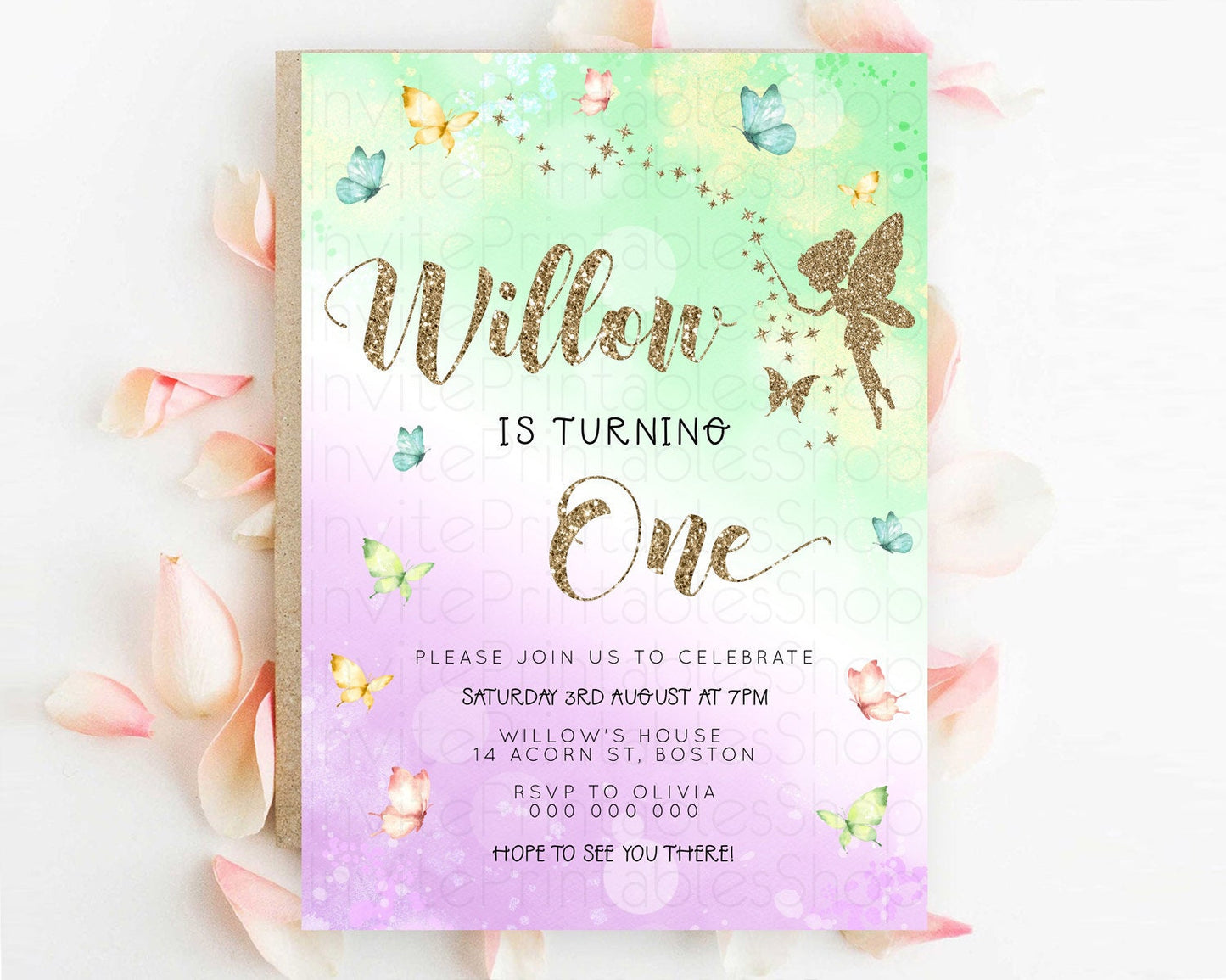 Pastel Fairy Birthday Invitation Pastel Butterflies Fairy Birthday Invitation Rainbow Ombre Watercolor 1st 2nd Birthday Invitation D23157