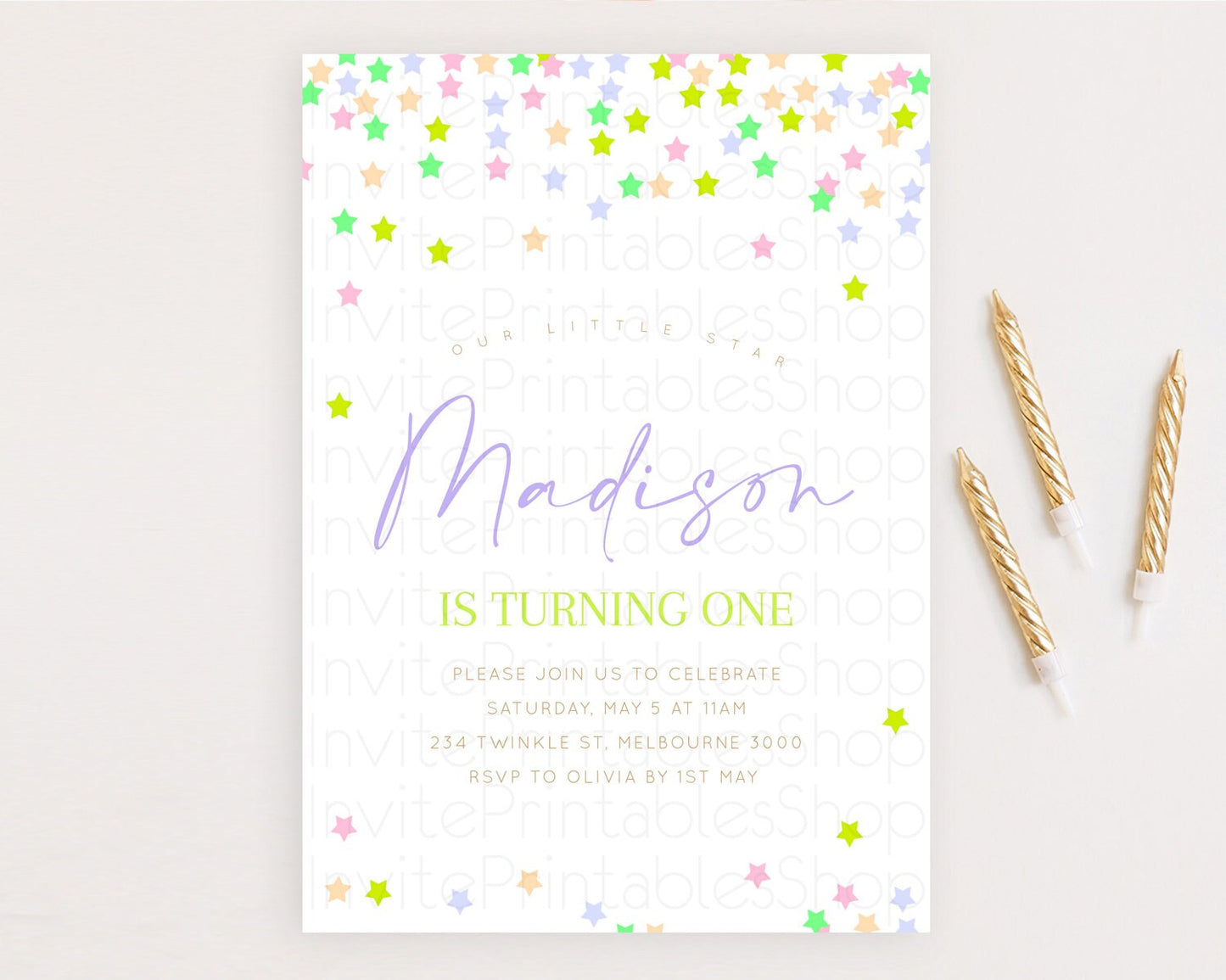 Star Birthday Invitation Pastel Stars Invite Shooting Star Party Rainbow Colorful Confetti Twinkle Little Star 2nd First Birthday D10396