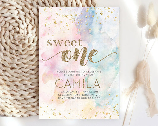 Rainbow Birthday Invitation Glitter Pastel Invitation Colorful Watercolor Gold Foil Splatter Sprinkle Ombre 1st 2nd 3rd Sweet One Invite 276