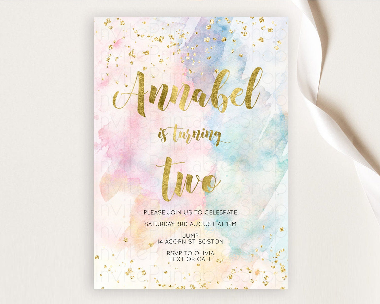 Rainbow Birthday Invitation Colorful Pastel Watercolor Invitation Gold Glitter Sprinkles Ombre Pastel 1st 2nd 3rd Birthday D10265