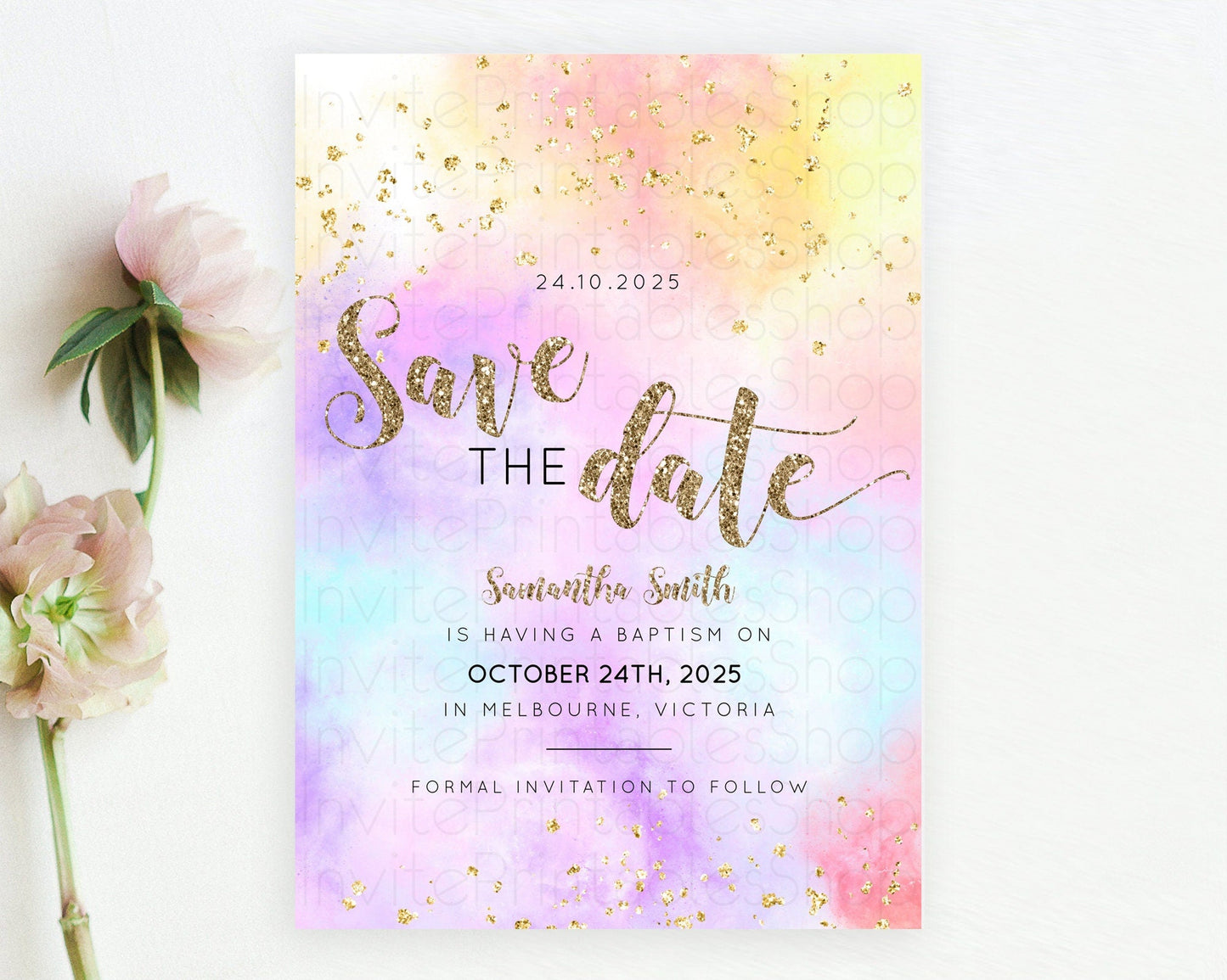 Pastel Save The Date Template Pastel Ombre Rainbow Watercolor Colorful Party For Birthday Baptism Baby Shower Wedding Bridal Shower D10435