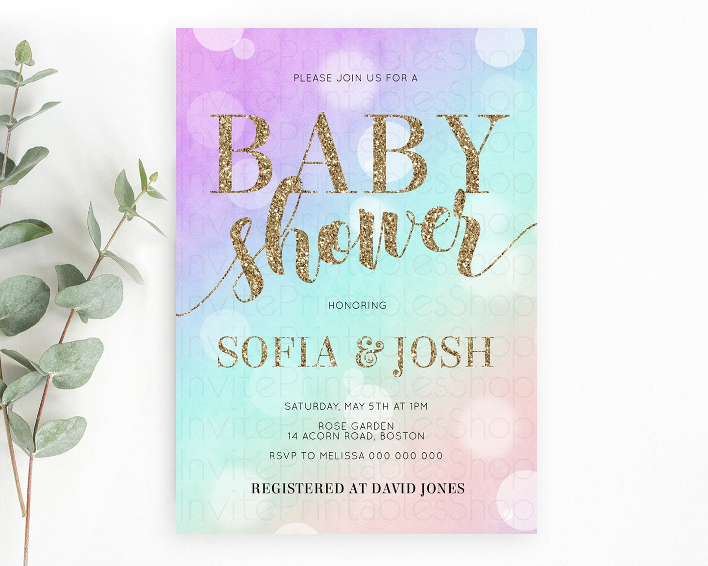 Pastel Baby Shower Invitation Rainbow Baby Shower Invitation Colorful Pastel Watercolor Invitation Gold Glitter Sprinkles Ombre D10621