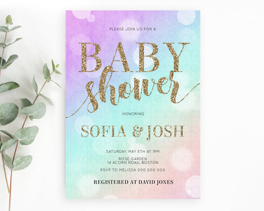 Pastel Baby Shower Invitation Rainbow Baby Shower Invitation Colorful Pastel Watercolor Invitation Gold Glitter Sprinkles Ombre D10621