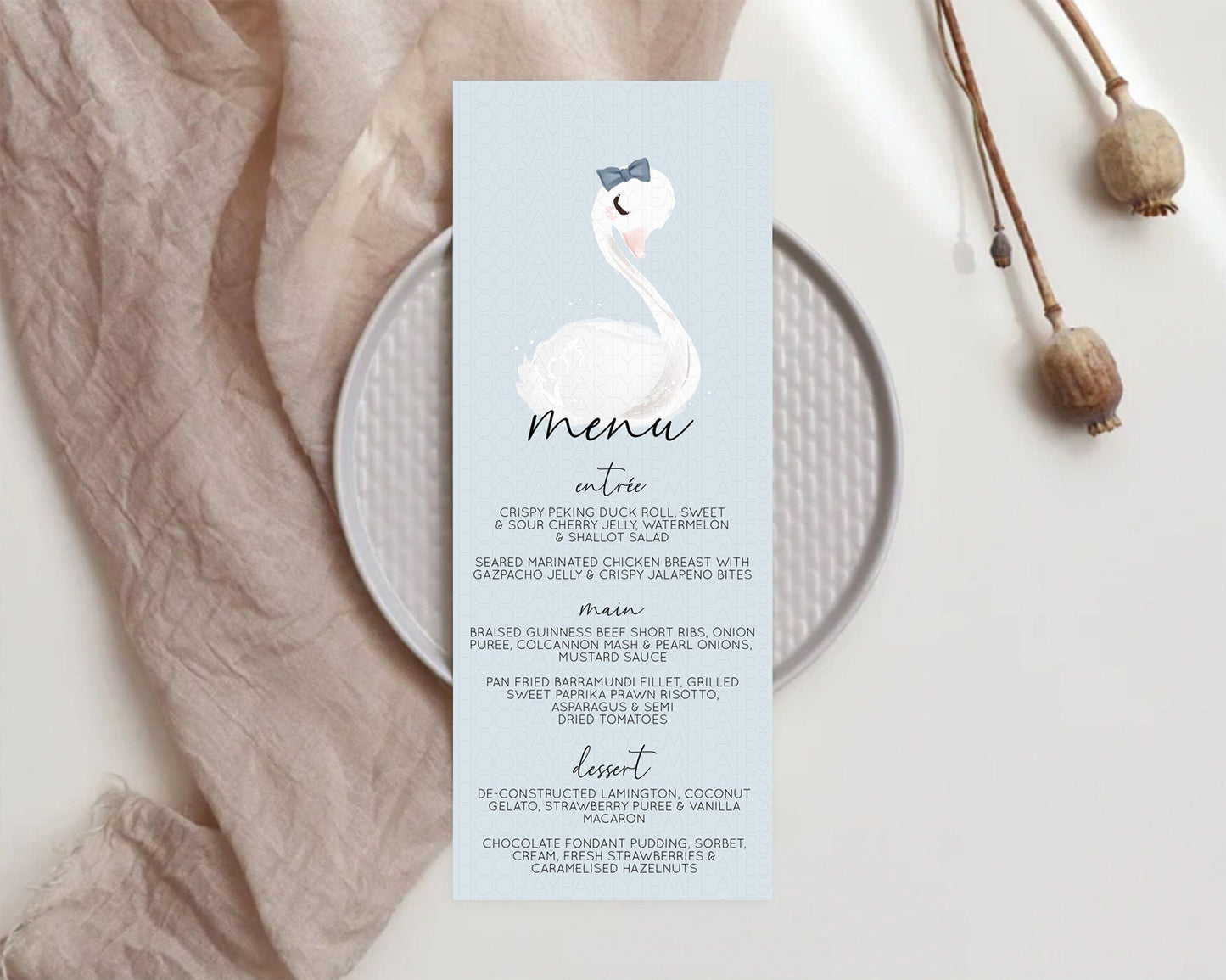 Swan Menu Swan Princess Ballet Menu Template Enchanted Swan Lake Table Decor Secret Garden Pastel Floral Dinner Dessert Food Menu D10760