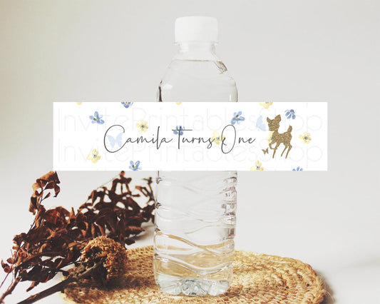 Fawn Deer Water Label Template Pastel Floral Deer Enchanted Forest Butterfly Party Decor Birthday Baptism Baby Shower Bridal Shower D10864