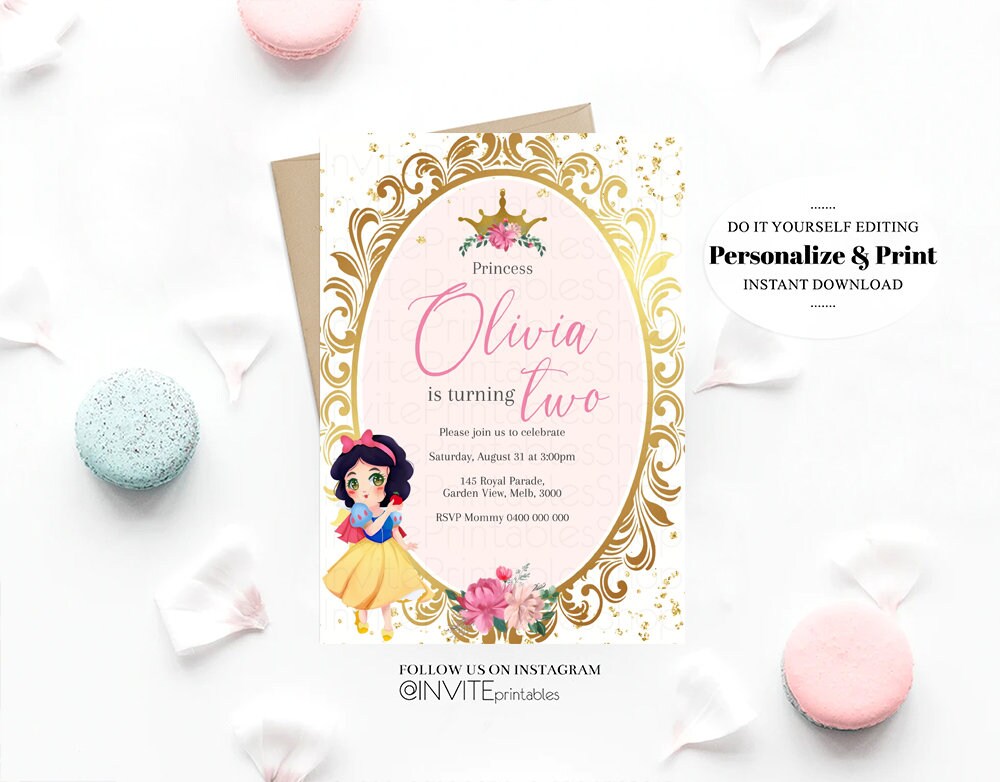 Snow White Birthday Invitation Baby Princess Rose Crown Enchanted Castle Invitation Fairy Tale Mirror Mirror Gold Glitter Royal Celebration