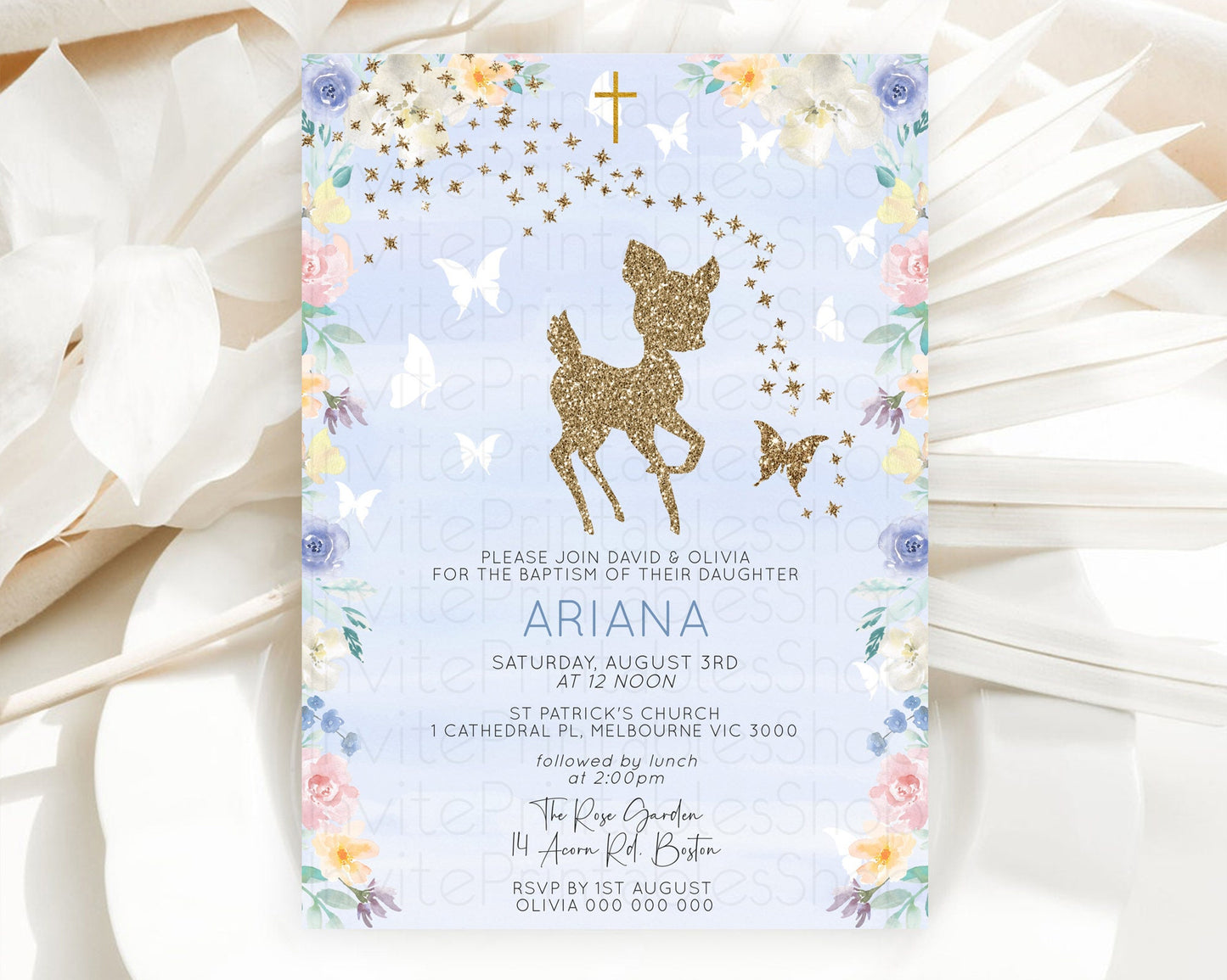 Fawn Baptism Invitation Deer Baptism 1st Birthday Invitation Enchanted Forest Christening Invitation Pastel Garden Butterfly Floral D10879