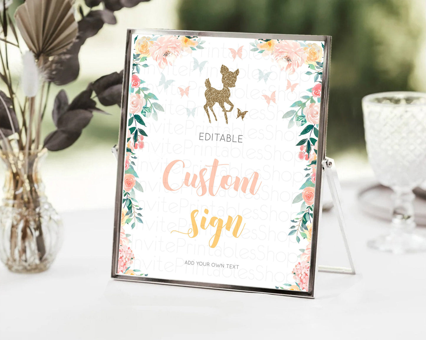 Fawn Deer Sign Pastel Floral Deer Table Sign Decor  Enchanted Forest Butterfly Party 1st Birthday Baptism Baby Shower Bridal Shower D10874