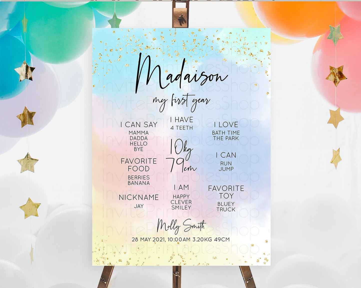 Pastel First Birthday Milestone Board Pastel Rainbow Milestone Poster Colorful Confetti Watercolor Glitter 1st Birthday Welcome Sign D10368