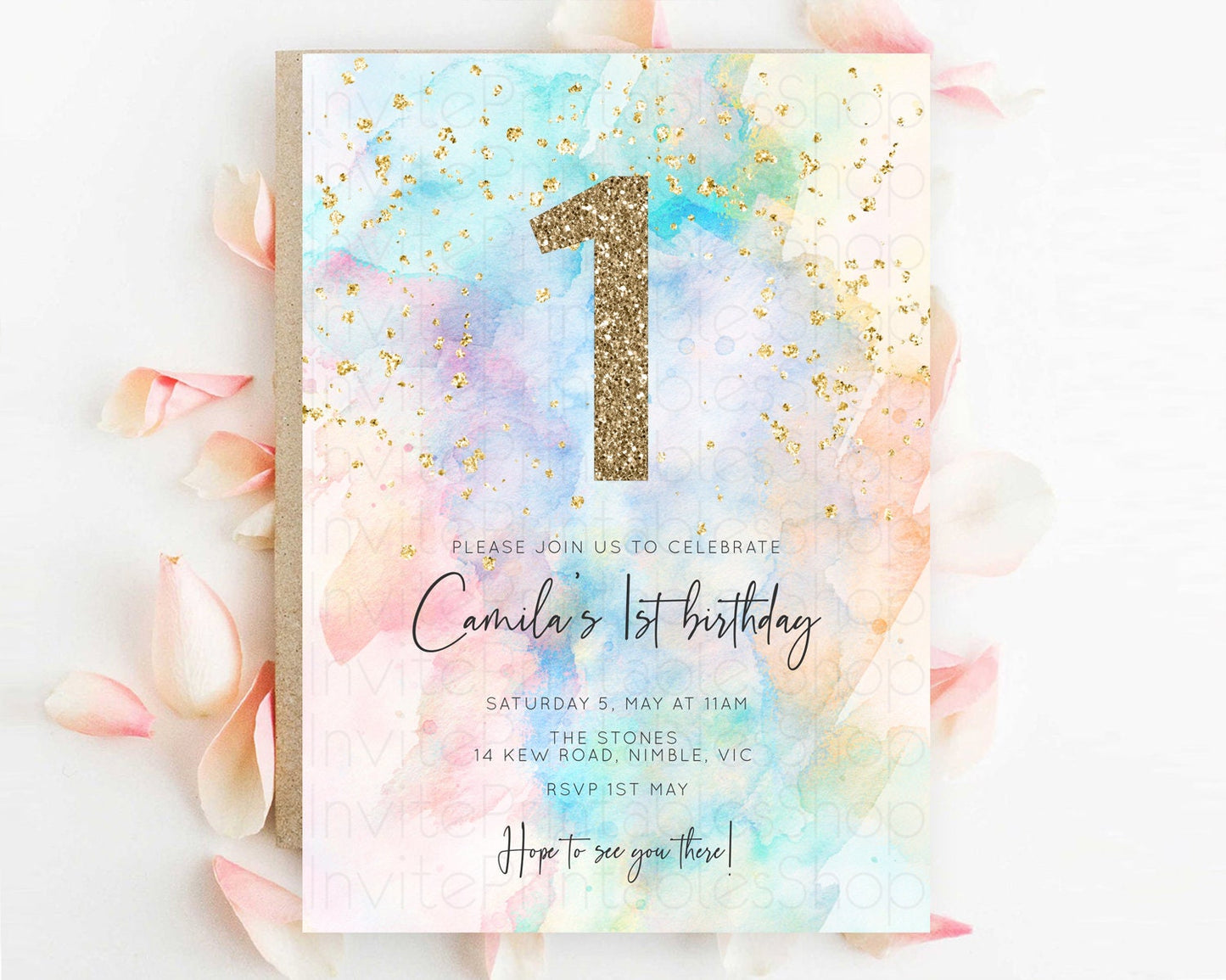 Editable Rainbow Birthday Invitation Colorful Pastel Watercolor Invitation G