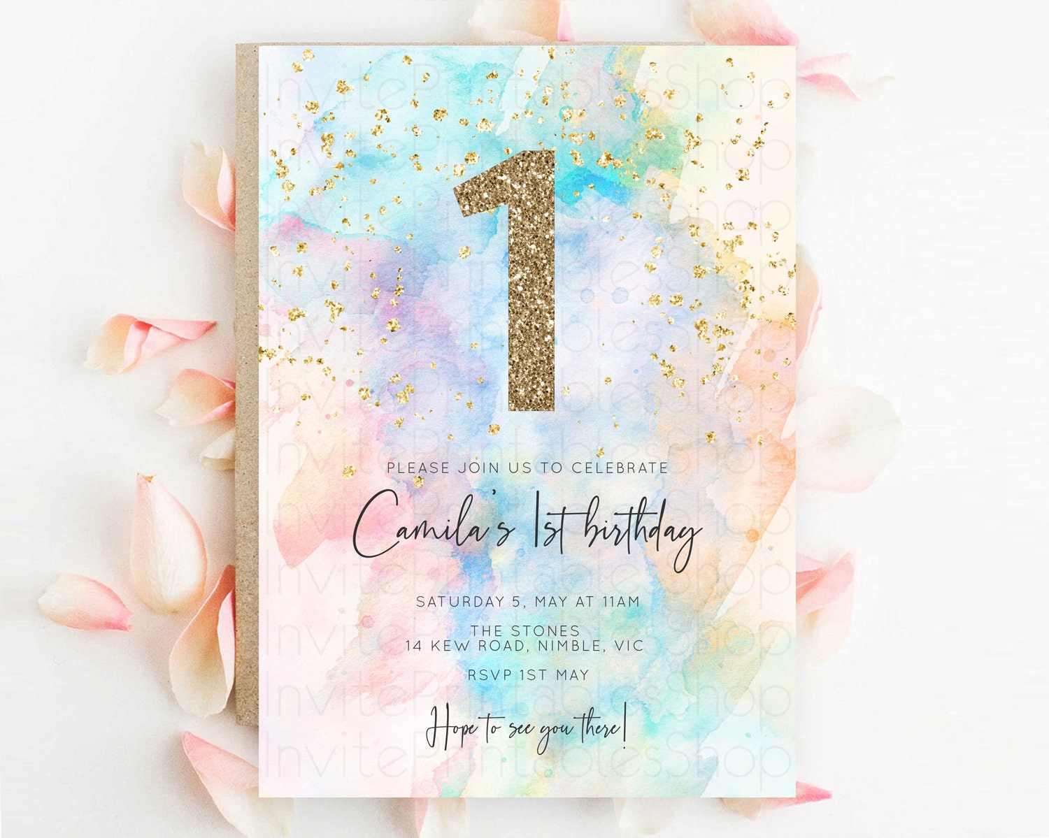 Editable Rainbow Birthday Invitation Colorful Pastel Watercolor Invitation G