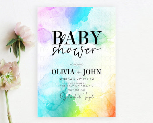 Pastel Baby Shower Invitation Rainbow Baby Shower Invitation Colorful Pastel Watercolor Invitation Gold Glitter Sprinkles Ombre D10961