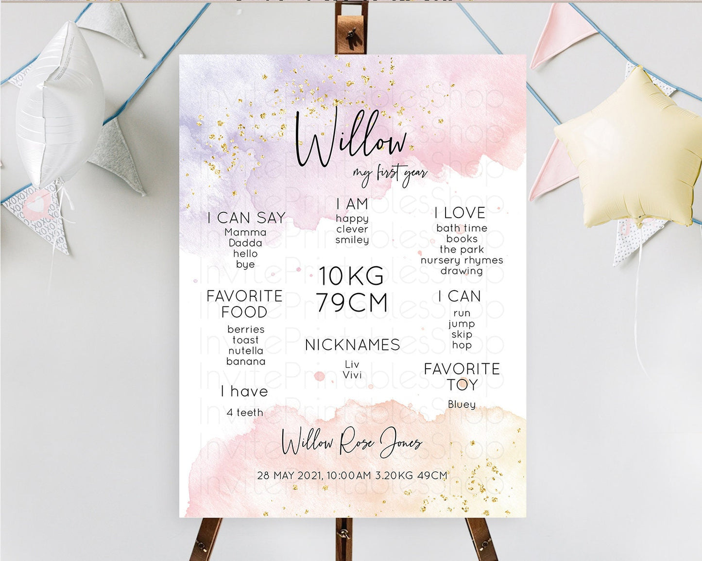 Pastel First Birthday Milestone Board Pastel Rainbow Milestone Poster Colorful Confetti Watercolor Glitter 1st Birthday Welcome Sign D10327