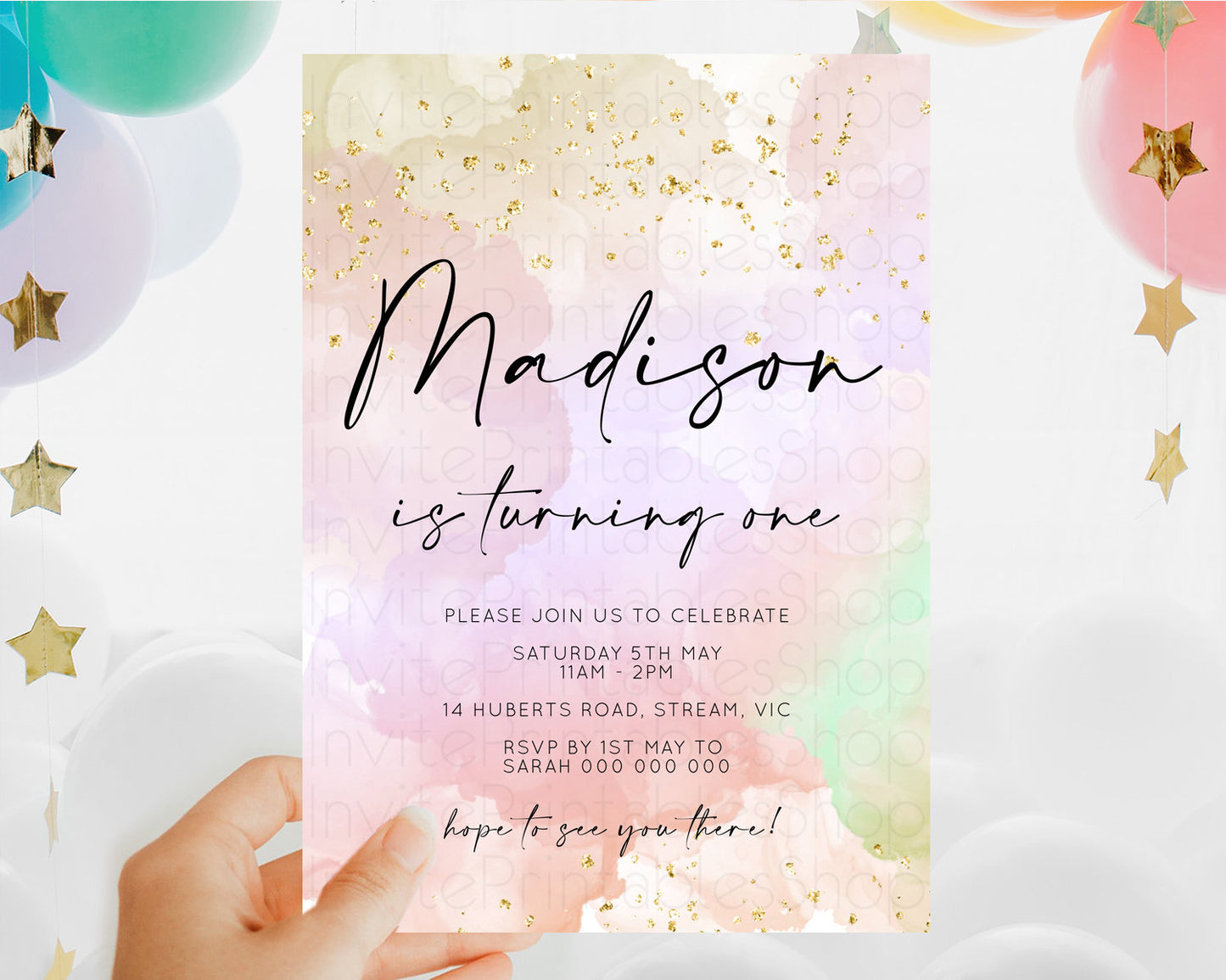 Rainbow Birthday Invitation Colorful Pastel Watercolor Invitation Gold Glitter Sprinkles Ombre Pastel 1st 2nd 3rd Birthday D10627