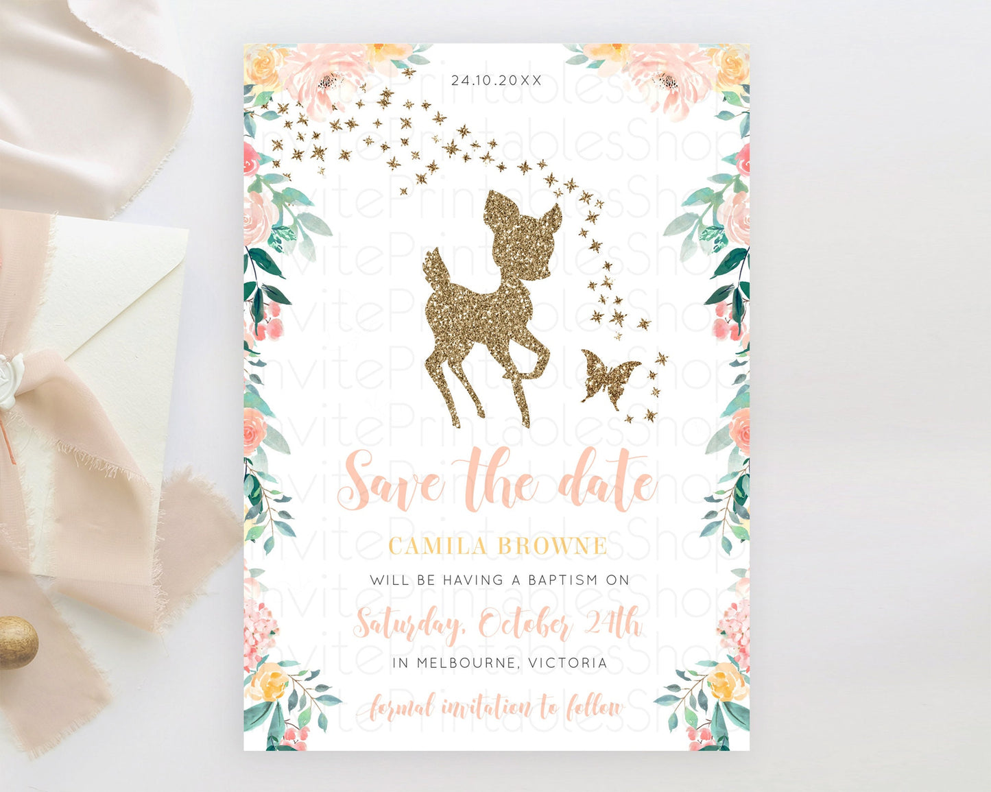 Fawn Deer Save The Date Template Pastel Floral Deer Enchanted Forest Butterfly Party 1st Birthday Baptism Baby Shower Bridal Shower D10874