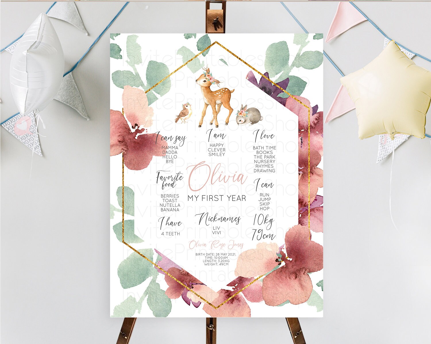 Editable Fawn First Birthday Milestone Board Deer First Birthday Milestone P