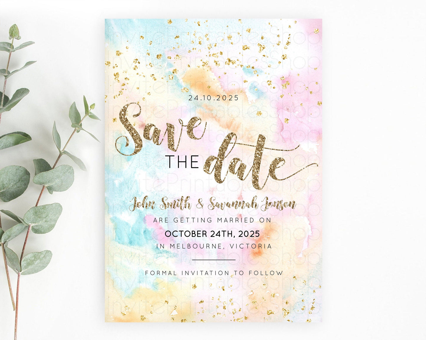 Pastel Save The Date Template Pastel Ombre Rainbow Watercolor Colorful Party For Birthday Baptism Baby Shower Wedding Bridal Shower D10548