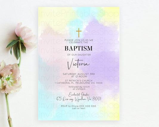 Editable Pastel Baptism Invitation Pastel Colors Watercolor Baptism 1st Birt