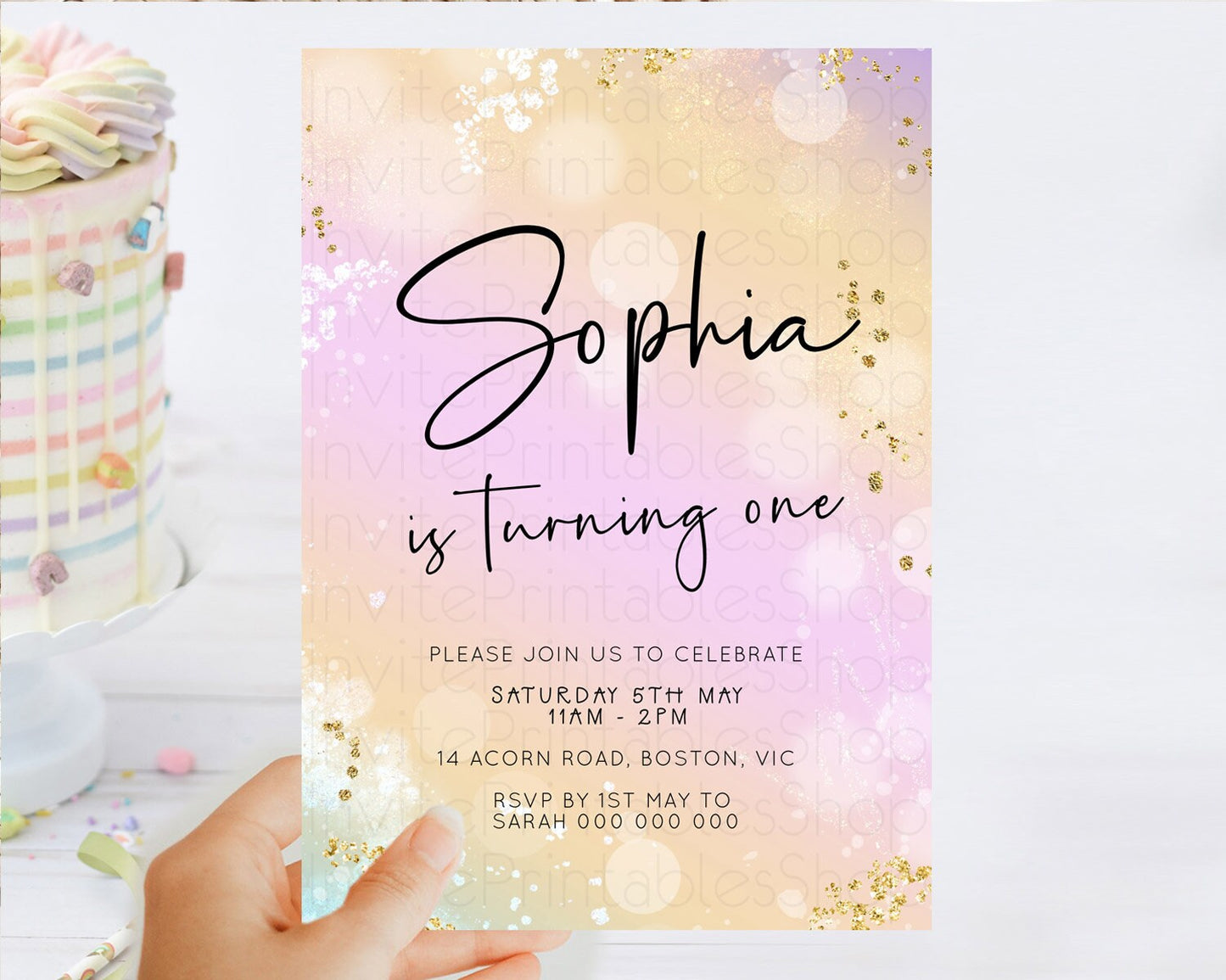 Pastel Birthday Invitation Ombre Watercolor Birthday Invitation Glitter Rainbow Color Splash 1st 2nd 3rd Birthday Invitation D23104