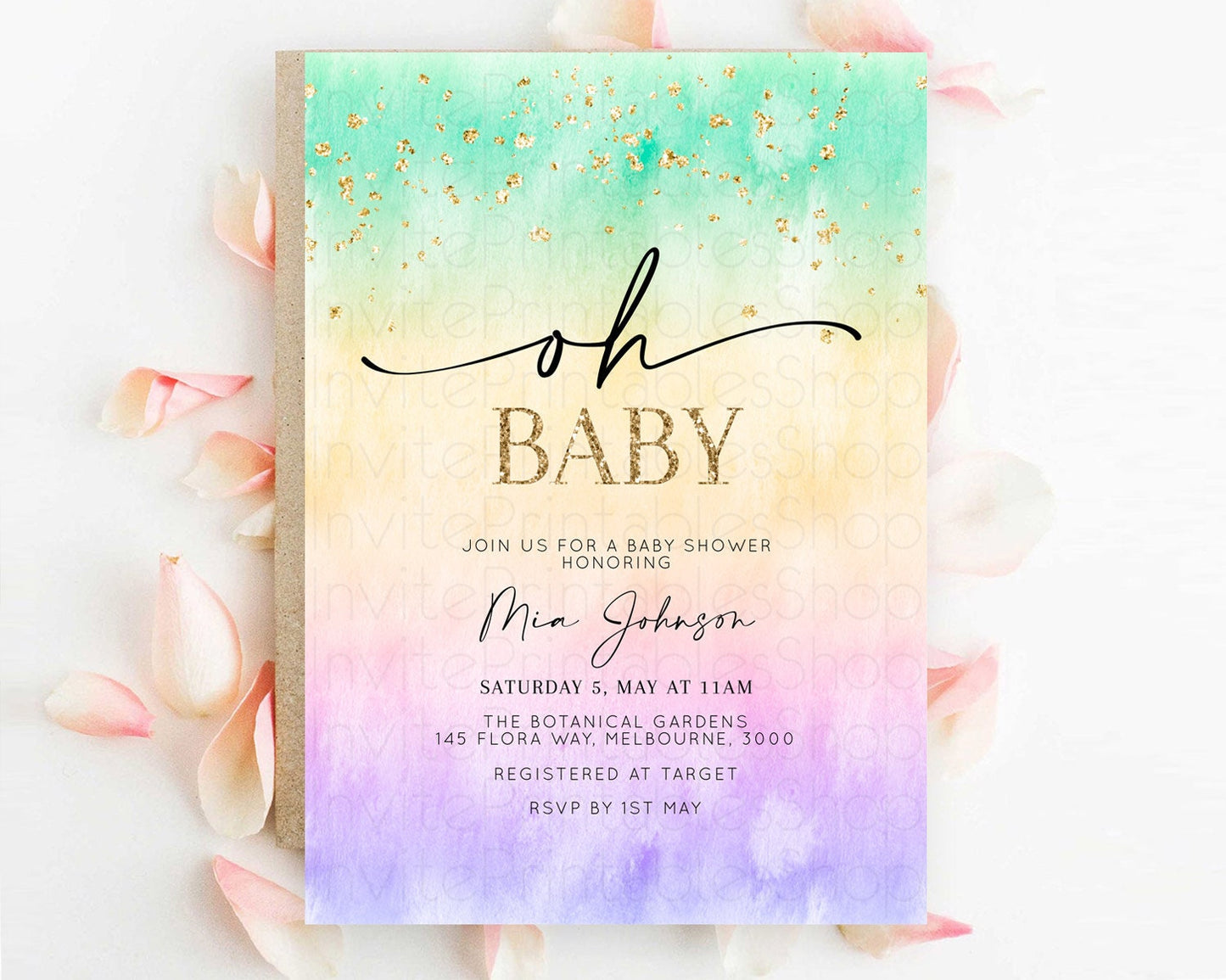 Pastel Baby Shower Invitation Rainbow Baby Shower Invitation Colorful Pastel Watercolor Invitation Gold Glitter Sprinkles Ombre D10481