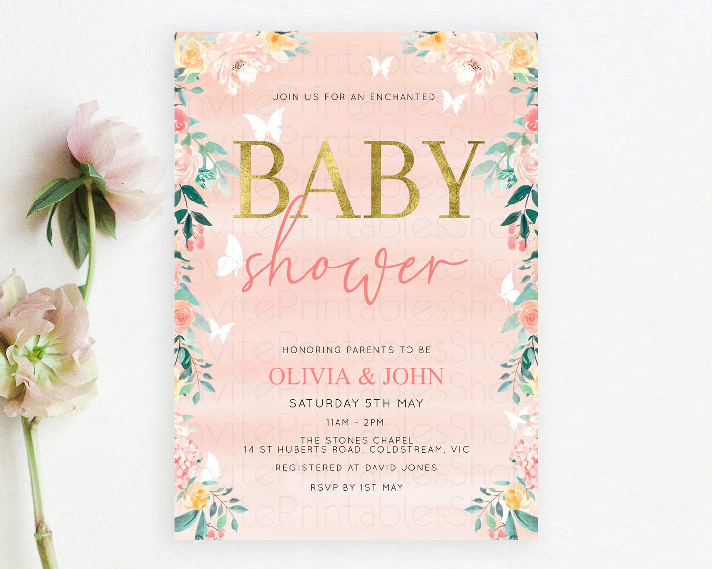 Wildflower Baby Shower Invitation Secret Garden Baby Shower Invitation Pastel Flowers Invite Enchanted Garden Shower Floral Theme D10245