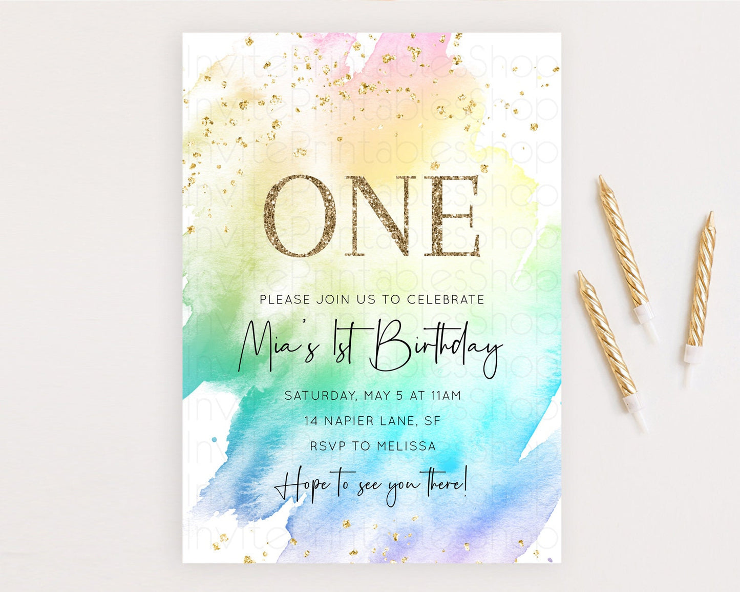 Rainbow Birthday Invitation Colorful Pastel Watercolor Invitation Gold Glitter Sprinkles Ombre Pastel 1st 2nd 3rd Birthday D10279