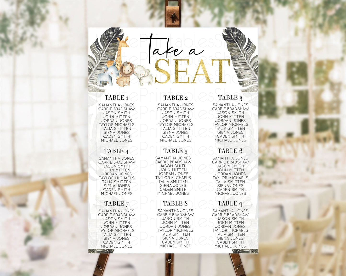 Safari Seating Chart Lion Gorilla Elephant Rhino Tropical Palm Decor Jungle Safari Adventure Zoo Take A Seat Sign D10599