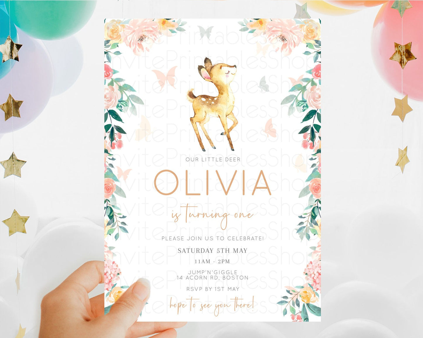 Fawn Birthday Invitation Deer Birthday Invitation Enchanted Forest Party Butterfly Pastel Flowers Whimsical 2nd 1st First Birthday D10753