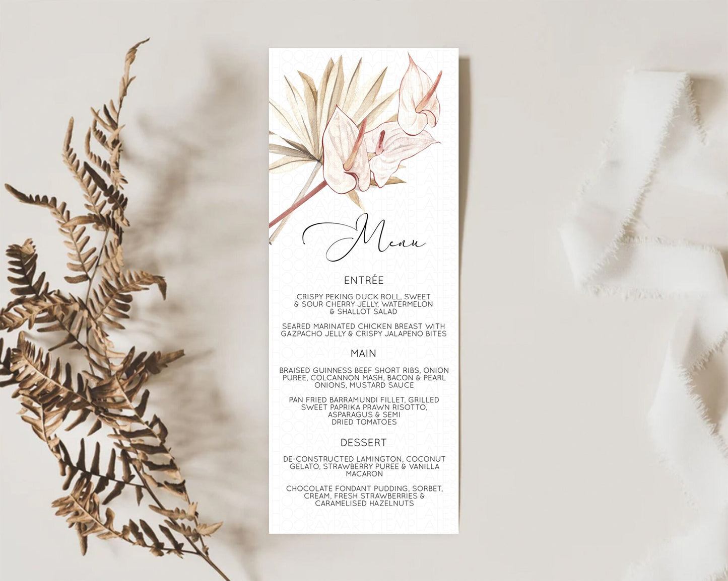 Tropical Menu Template Tropical Menu Palm Leaf Fern Table Decor Frangipani Floral White Orchid Dinner Dessert Menu Party Food Menu D11039