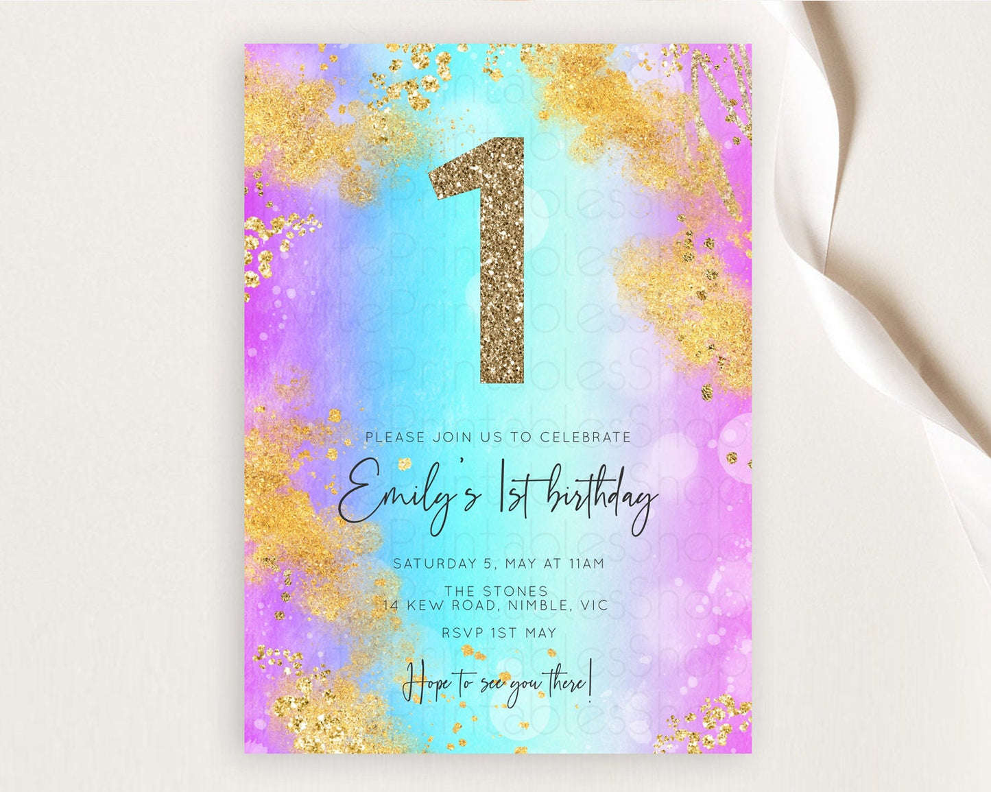 Rainbow Birthday Invitation Colorful Pastel Watercolor Invitation Gold Glitter Sprinkles Ombre Pastel 1st 2nd 3rd Birthday D10564