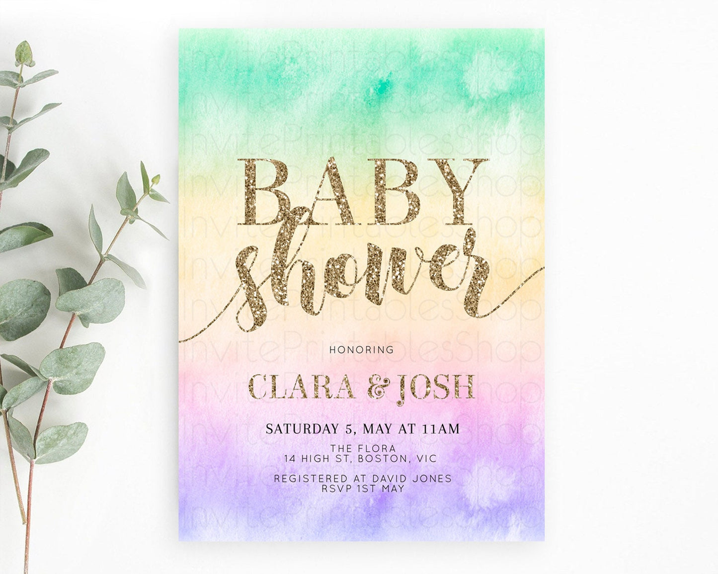 Pastel Baby Shower Invitation Rainbow Baby Shower Invitation Colorful Pastel Watercolor Invitation Gold Glitter Sprinkles Ombre D10478