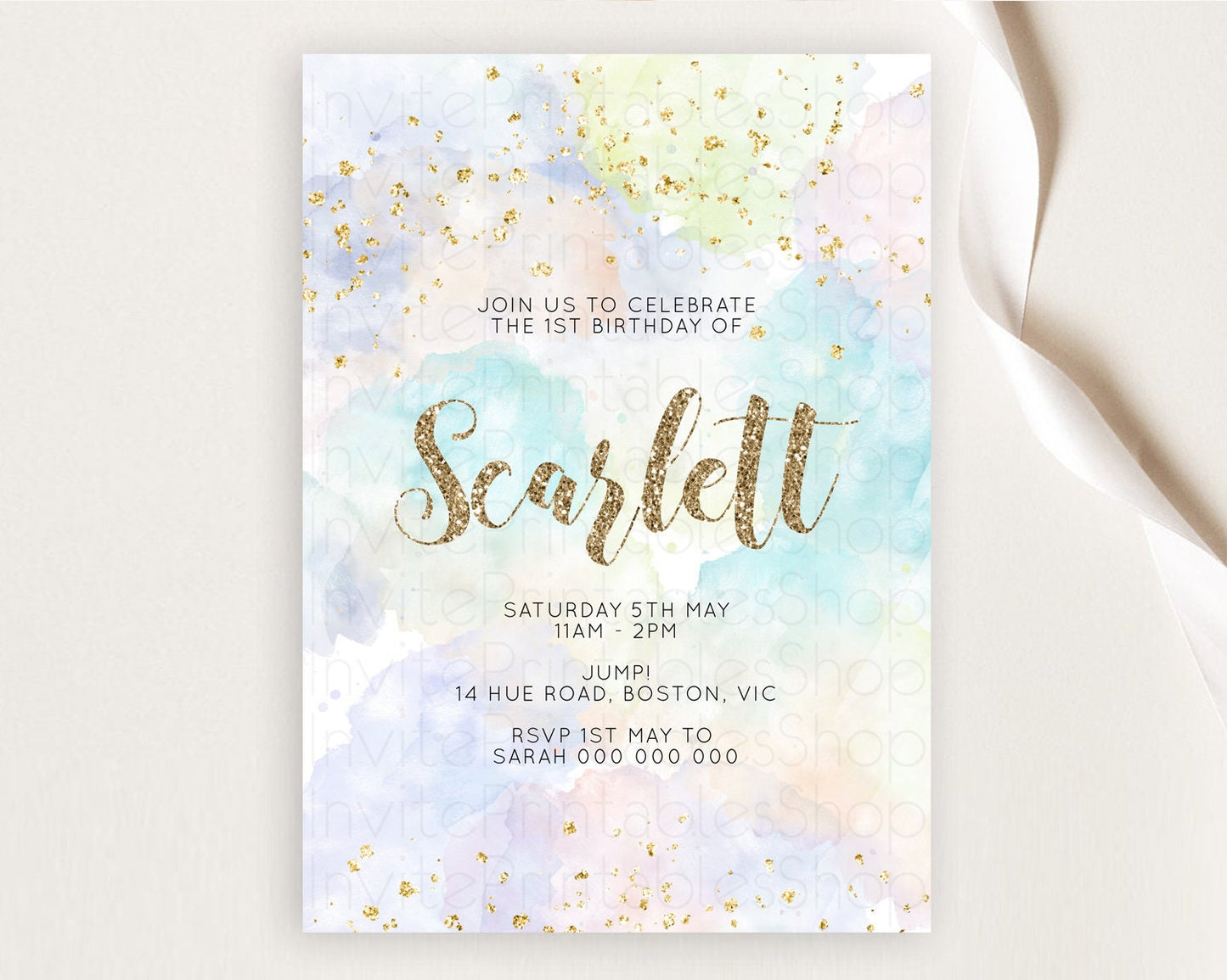 Rainbow Birthday Invitation Colorful Pastel Watercolor Invitation Gold Glitter Sprinkles Ombre Pastel 1st 2nd 3rd Birthday D10614