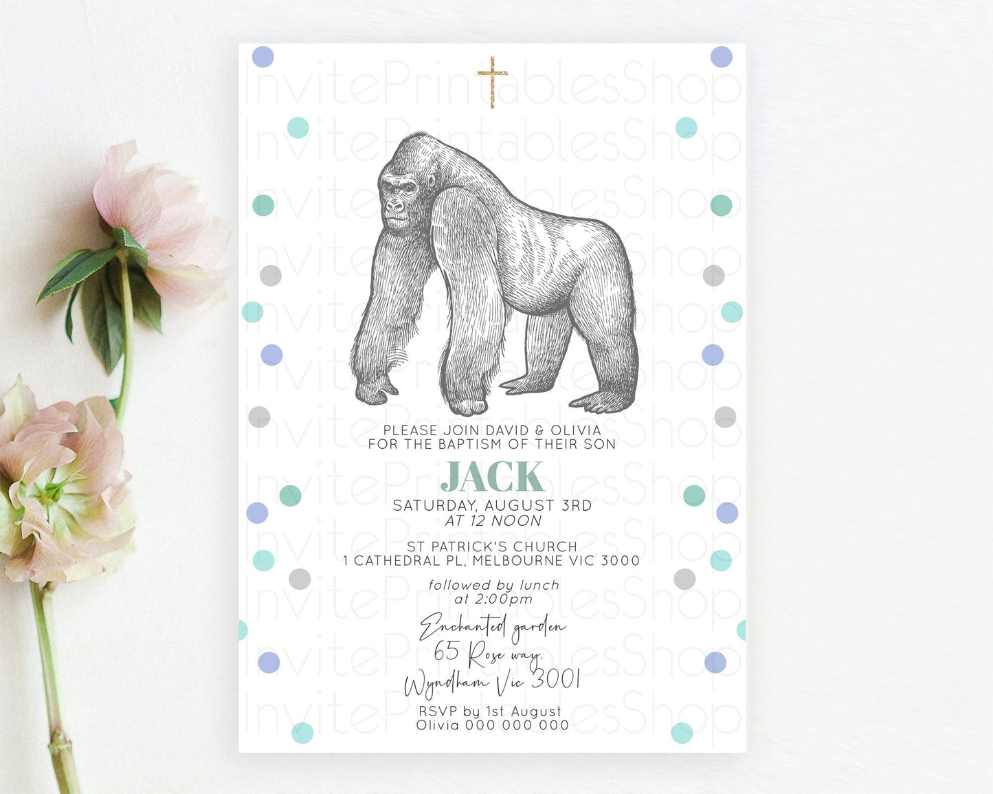 Gorilla Baptism Invitation Gorilla Baptism 1st Birthday Invitation Gorilla Jungle Adventure Christening Invitation Wild Zoo Theme D10854