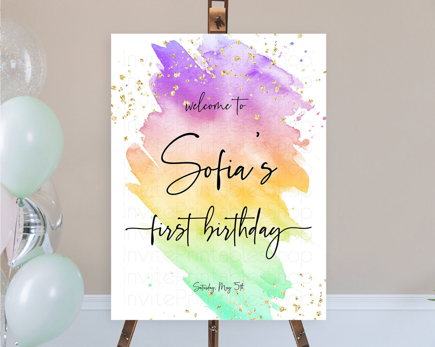 Pastel Welcome Sign Pastel Rainbow Welcome Sign Colorful Rainbow Confetti Watercolor Glitter Pastel First Birthday Welcome Sign D10518