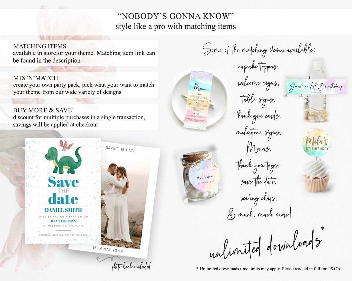 Dinosaur Save The Date Template Dinosaur Volcano Watercolor Volcano T-Rex Raptor Jurassic Party 1st Birthday Baptism Baby Shower D10153