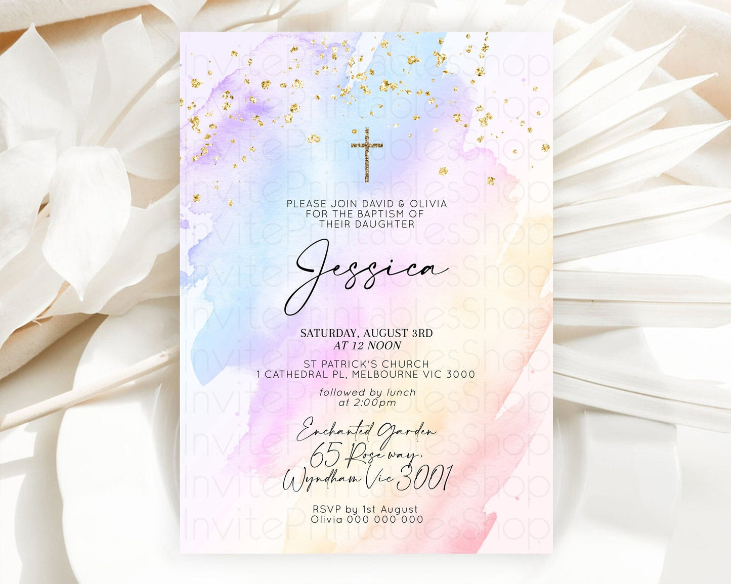 Pastel Baptism Invitation Pastel Colors Watercolor Baptism 1st Birthday Party Gold Ombre Pastel Rainbow Christening Holy Communion D10635