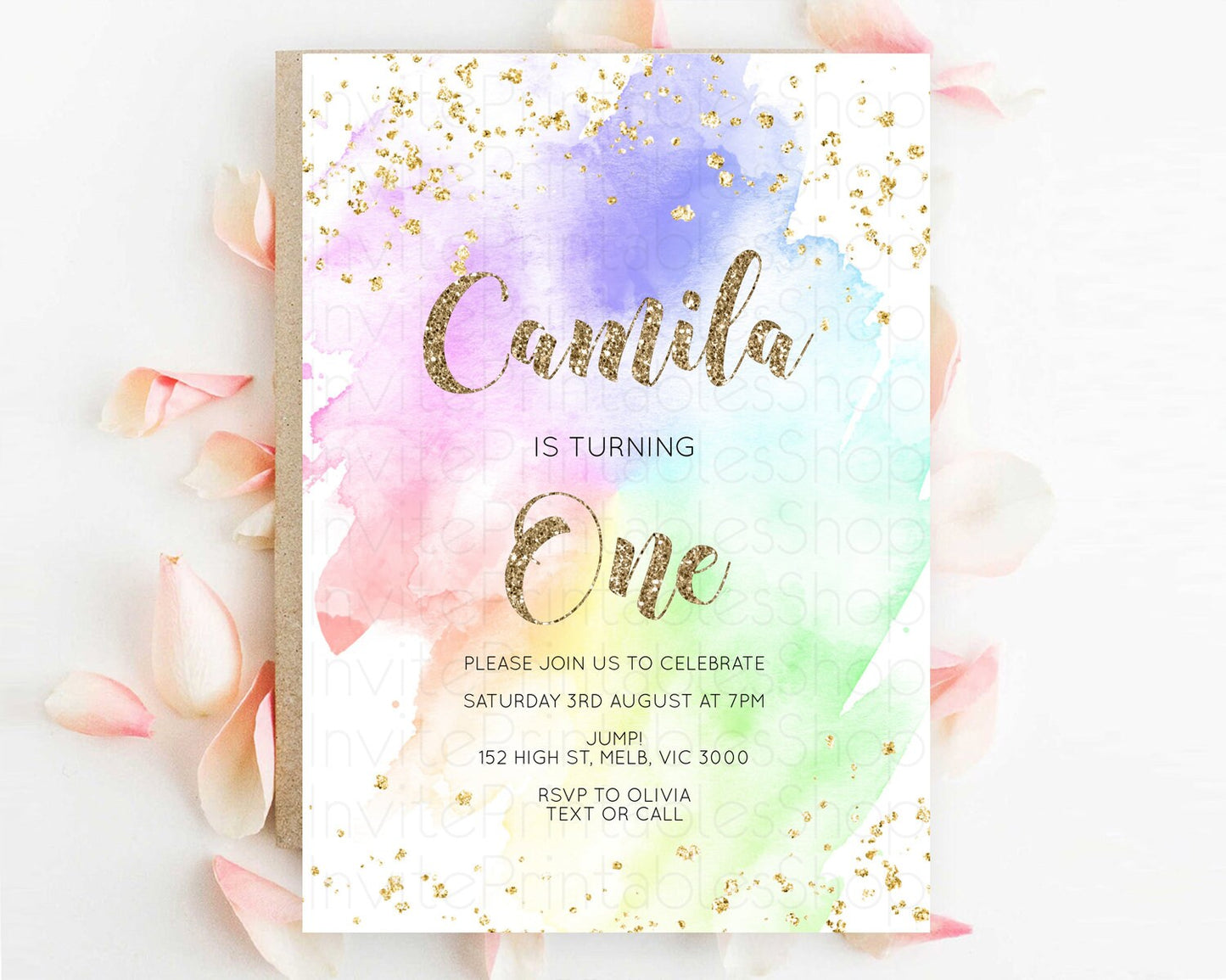 Rainbow Birthday Invitation Colorful Pastel Watercolor Invitation Gold Glitter Sprinkles Ombre Pastel 1st 2nd 3rd Birthday D10319