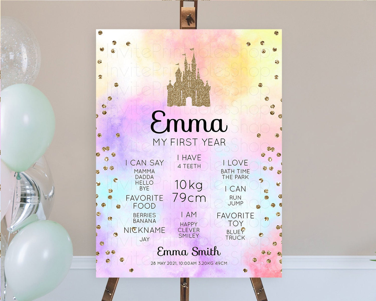 Princess First Birthday Milestone Poster Pastel Princess Milestone Board Pastel Rainbow Colorful Enchanted Castle 1st Birthday Sign D10148