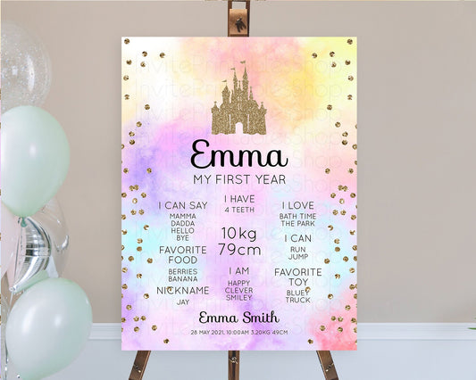 Princess First Birthday Milestone Poster Pastel Princess Milestone Board Pastel Rainbow Colorful Enchanted Castle 1st Birthday Sign D10148