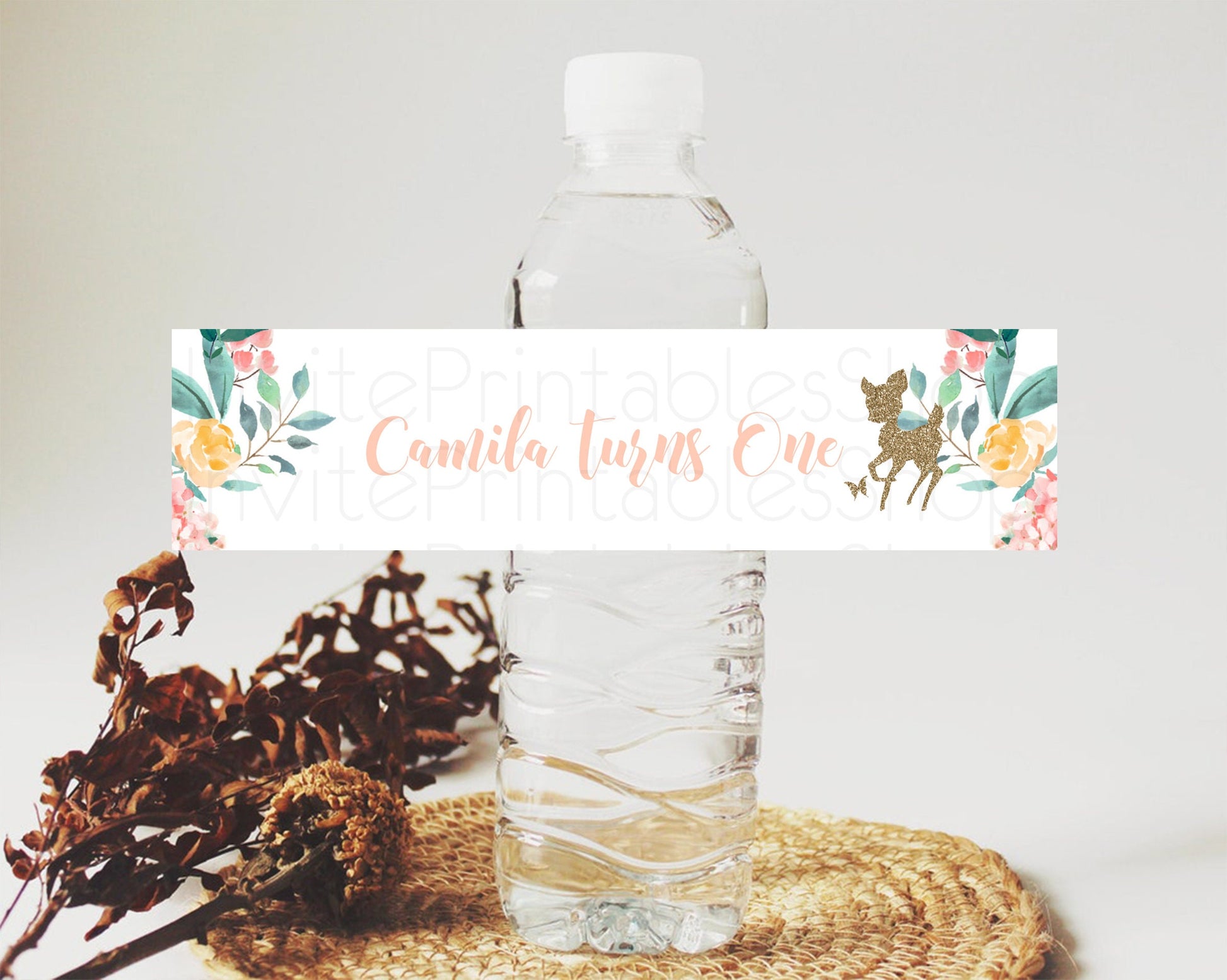 Editable Fawn Deer Water Label Template Pastel Floral Deer Enchanted Forest