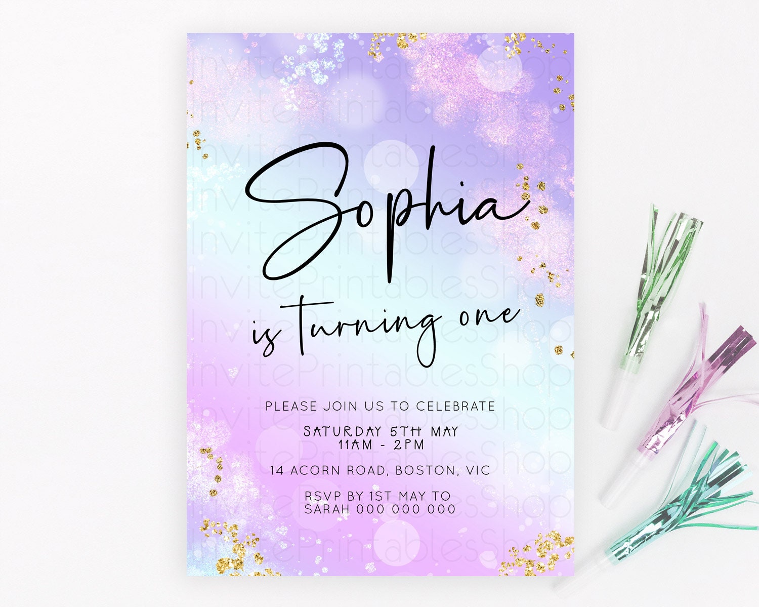 Editable Pastel Birthday Invitation Ombre Watercolor Birthday Invitation Gli