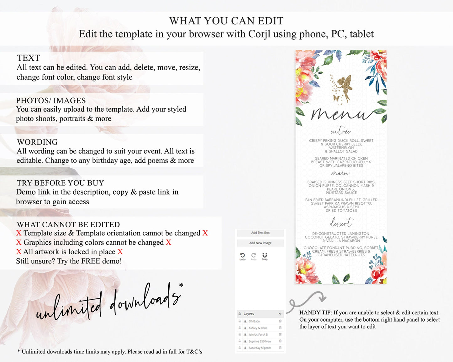 Fairy Menu Fairy Menu Template Enchanted Garden Pastel Floral Butterfly Table Décor Fairy Secret Garden Dinner Dessert Food Menu D10752