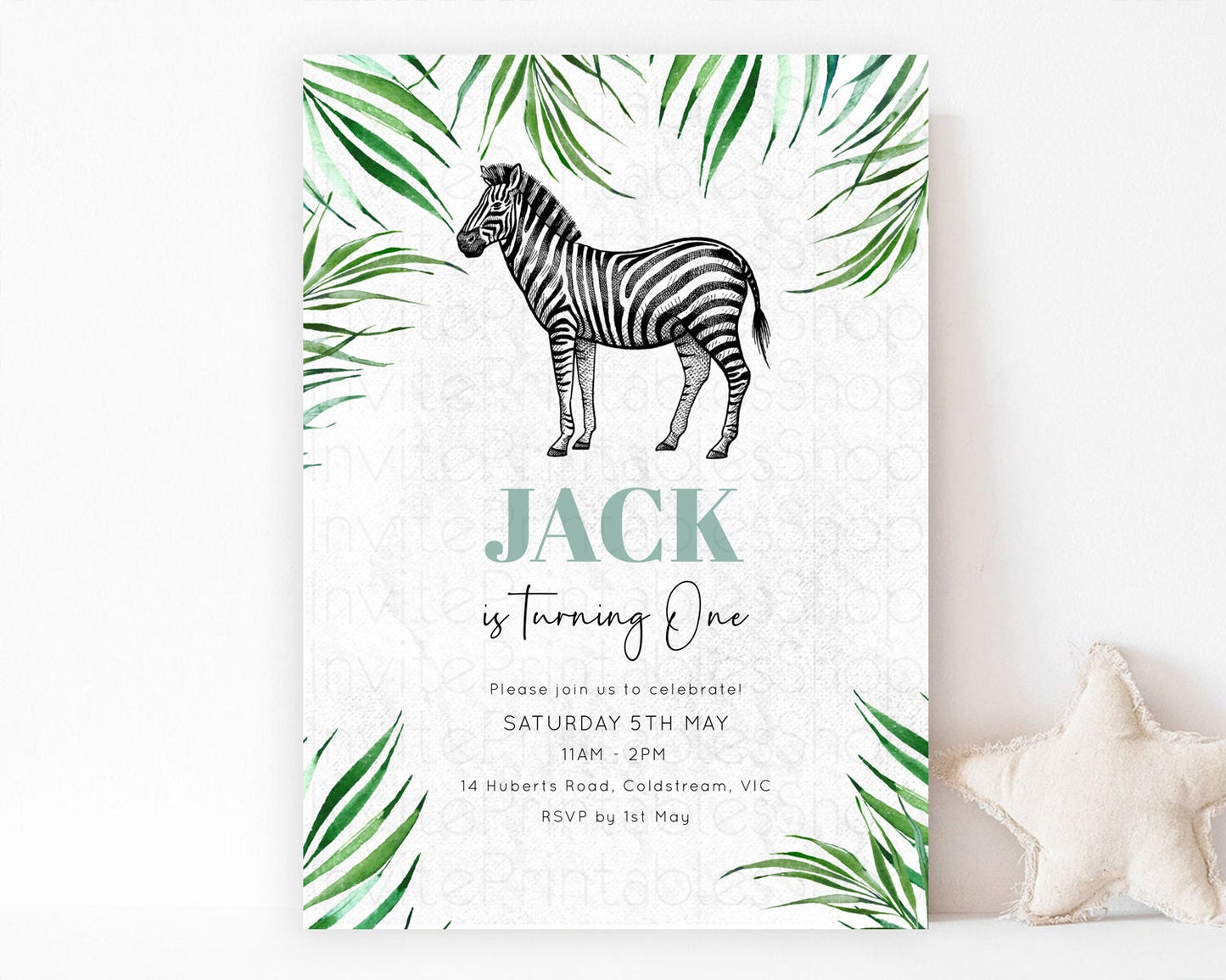 Zebra Birthday Invitation Zebra Invite Jungle Safari invite Watercolor Tropical Palm Invite Adventure Zoo Party Wild Animal Party D10844