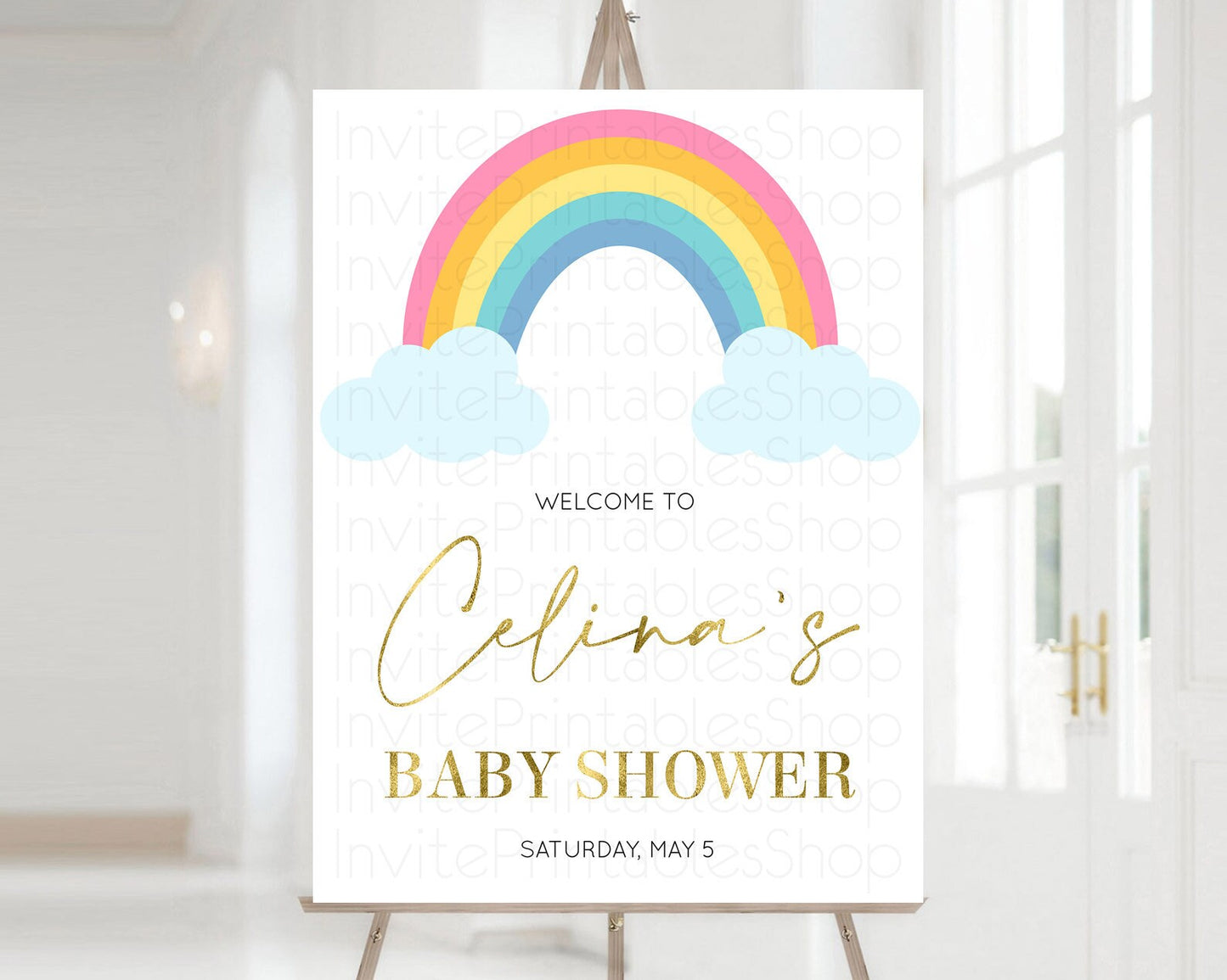 Editable Pastel Rainbow Baby Shower Welcome Sign Boho Rainbow Welcome Board
