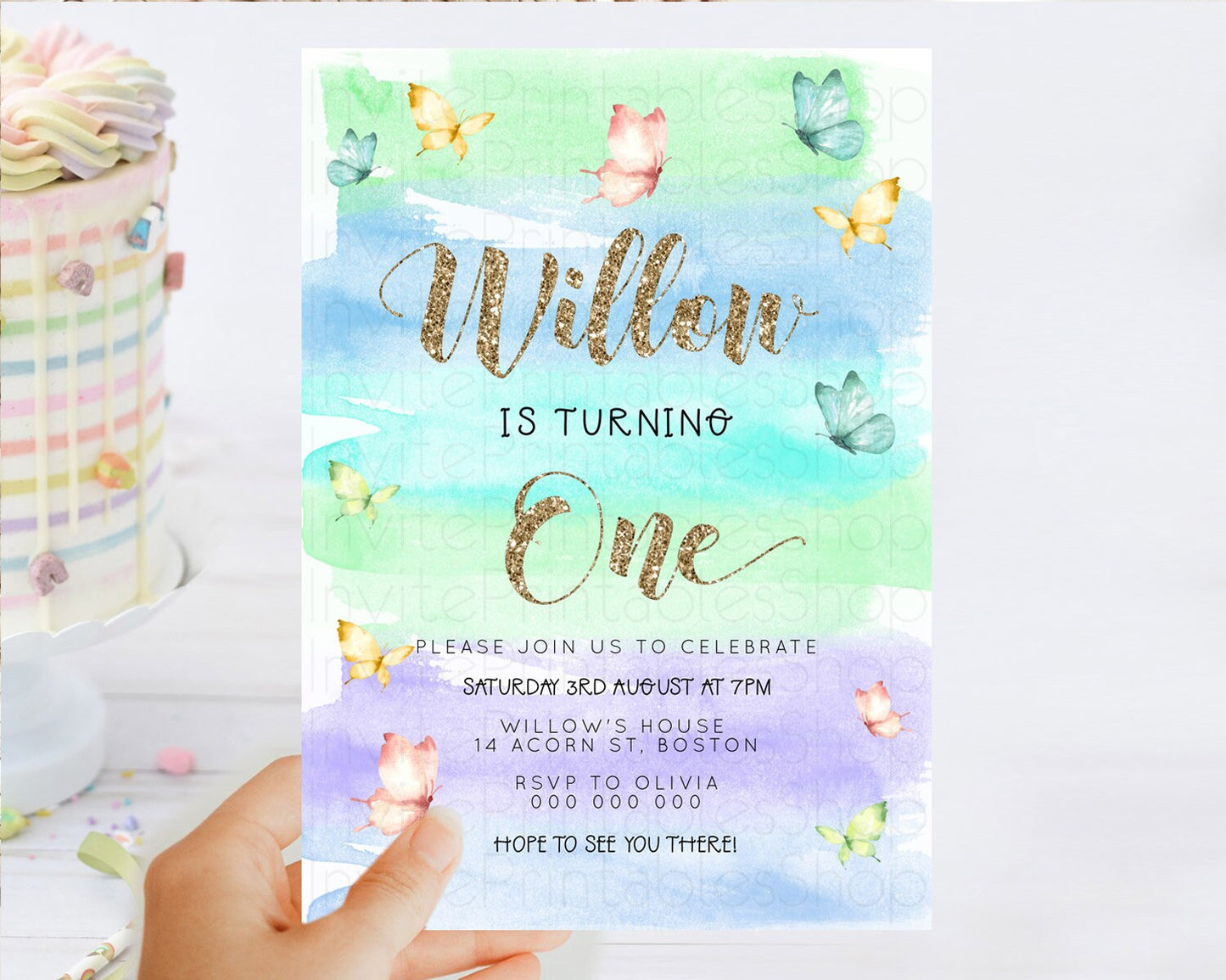 Pastel Butterfly Birthday Invitation Butterfly Birthday Invitation Colorful Splash Glitter Butterfly Garden 1st 2nd Birthday D23227