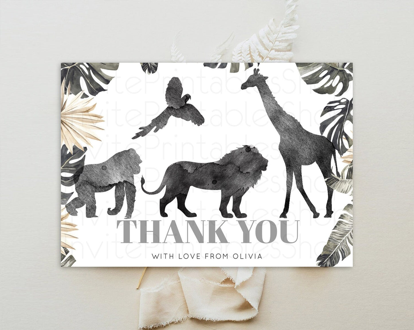 Safari Thank You Safari Thank You Cards Lion Gorilla Elephant Rhino Tropical Palm Zoo Birthday Thank You Safari Teacher Thank You D10865