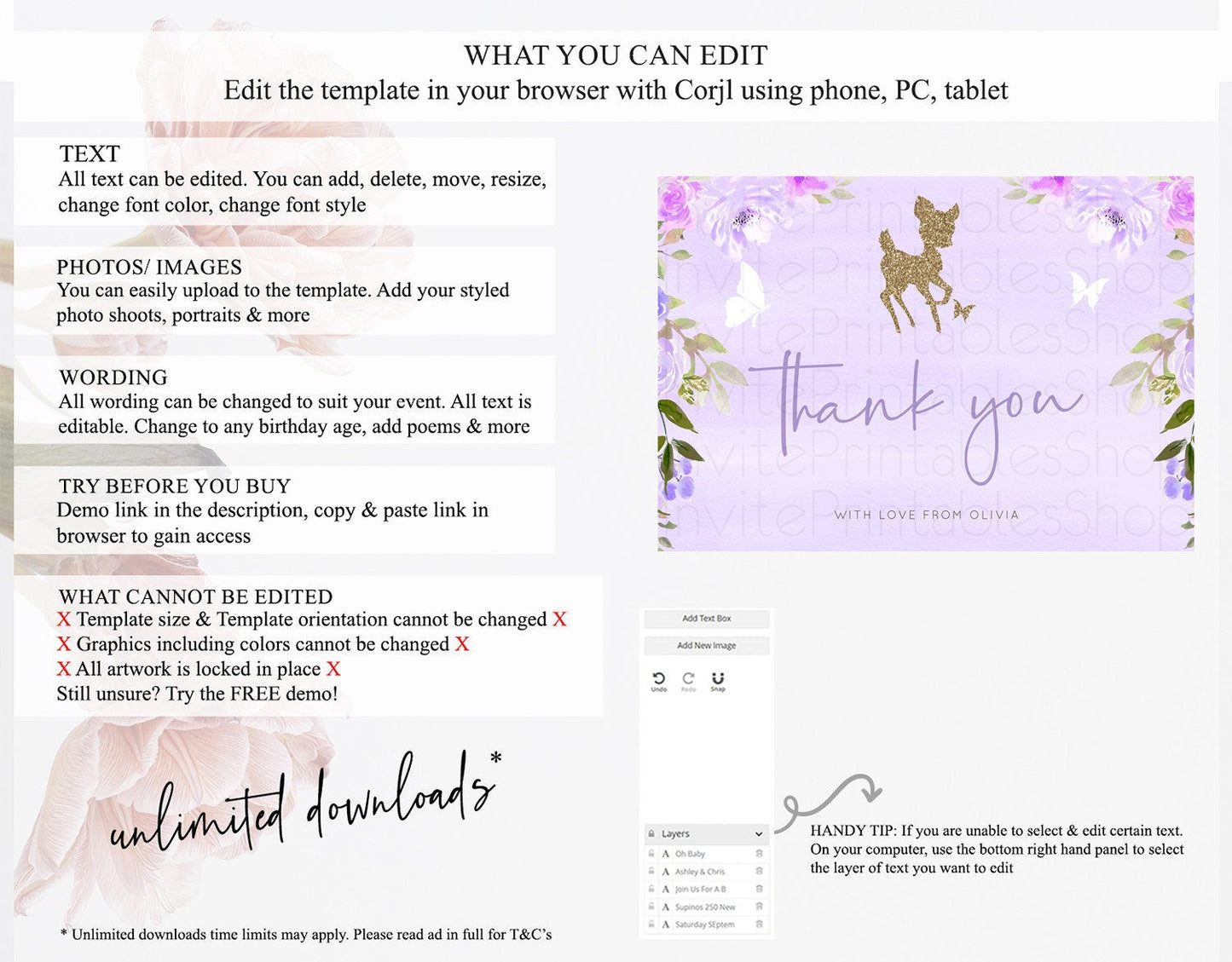 Fawn Thank You Deer Thank You Card Pastel Floral Deer Birthday Thank You Card Enchanted Forest Butterfly Deer Teacher Thank You Card D10963
