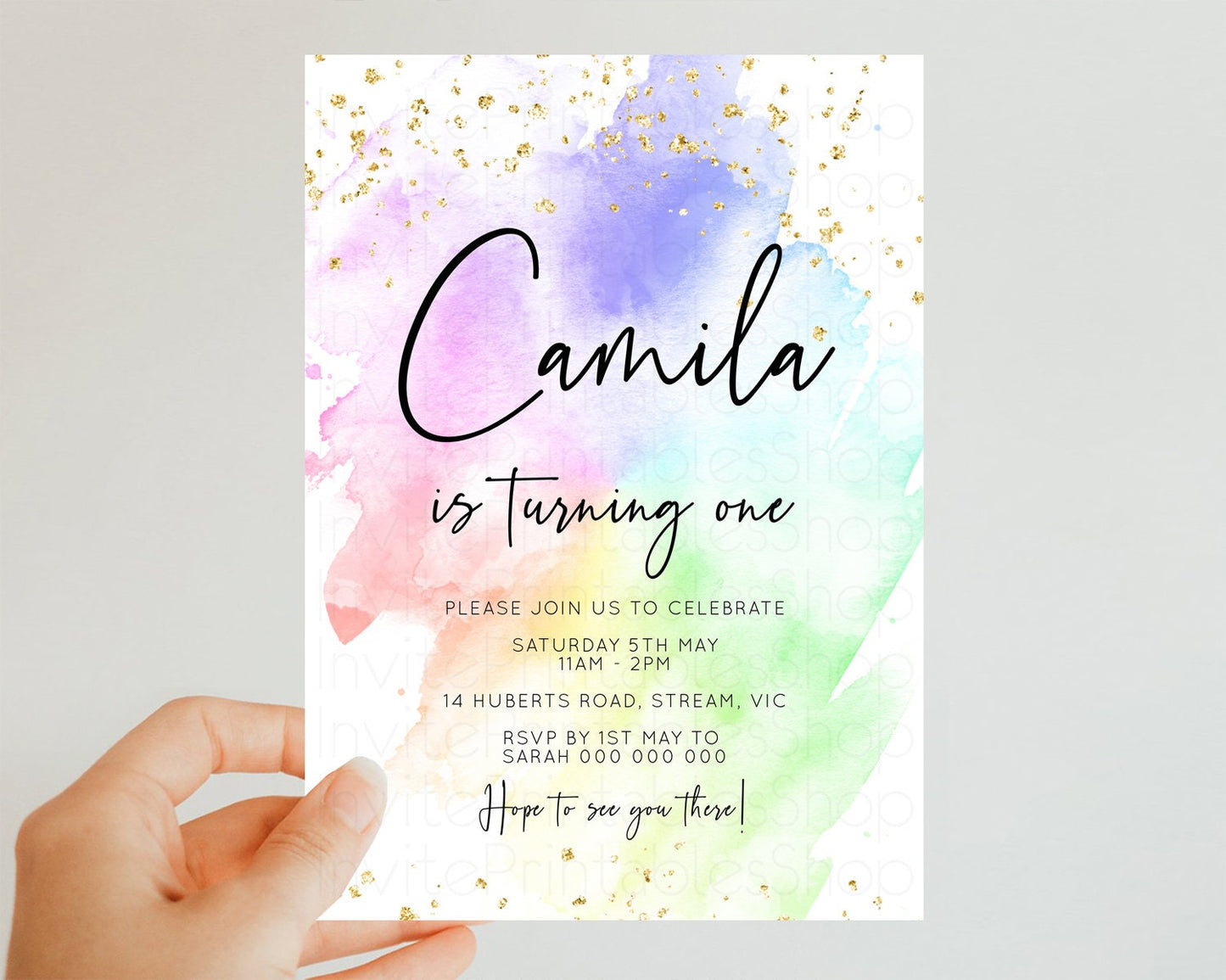 Rainbow Birthday Invitation Pastel Rainbow Birthday Invitation Ombre Watercolor Invite Colorful Splash Glitter Sprinkles 1st 2nd 3rd C378